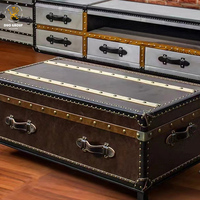 Table basse rétro en cuir avec coffre de rangement, table centrale rustique de style caisse pour salon, table à thé pour canapé à domicile