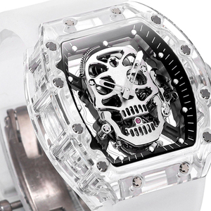 Men's Skull Skeleton Automatic Mechanical <b>Watch</b>, Transparent Crystal Tonneau Shaped <b>Watch</b> - Product Image 3