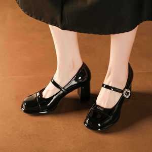 Escarpins Mary Jane à bout rond en cuir verni, talon carré de 5 cm ou 8 cm, avec bride à boucle et décorations en strass, chaussures confortables pour femme - Product Image 3