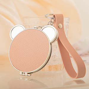 <b>Cute</b> <b>Bear</b> Head Shaped PU Leather Compact Mirror with Keychain Double Sided Folding Travel Mirror With Plastic Frame Strap - Product Image 5