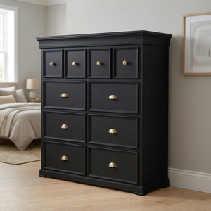 Armoire élégante en bois à 10 tiroirs – 4 tiroirs petits et 6 tiroirs moyens, Radiata/MDF, poignées robustes en alliage, blanc/noir - Product Image 4