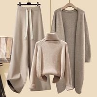 Set Tiga Potong Wanita Musim Gugur Musim Dingin Gaya Korea Santai, Jaket Cardigan Panjang Rajutan, Sweater, Celana Kaki Lebar, Logo Depan