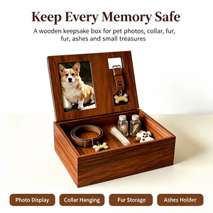 Wooden <strong>Pet</strong> Memorial Box with Photo Display Frame, Multi-Compartment <strong>Urn</strong> for Ashes, Collar &amp; Keepsake Storage - Product Image 1