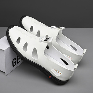 Men's Soft Leather Casual Hollow-Out <b>Clogs</b> Breathable Rubber Outsole Low Heel Boat Shoes - Product Image 2