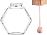 Pot à miel en verre avec cuillère distributrice, distributeur hexagonal en verre transparent, petits contenants à confiture, bouteille avec couvercle en liège pour la maison, les fêtes et les cadeaux