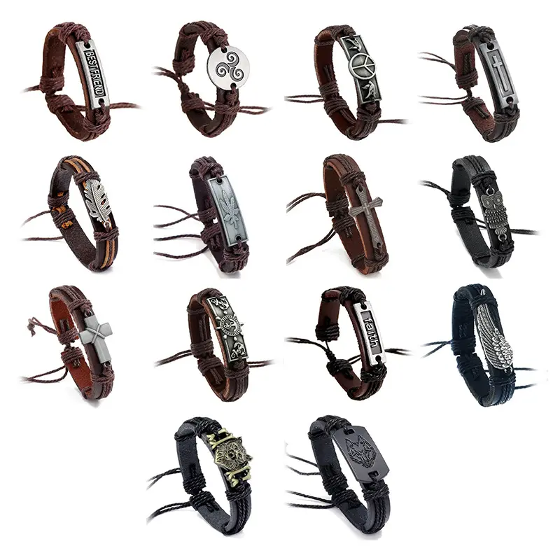 Vente chaude Vintage PU cuir écriture croix métal tissé Bracelet bijoux de mode dans plusieurs Styles en gros