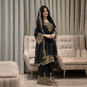 Black Gold Embroidered Straight <b>Kurta</b> Set With Dupatta And Trousers <b>Indian</b> Pakistani Ethnic Wear - Product Image 1