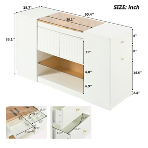 Modern Luxury Multi-Functional Solid Wood Island <b>Vanity</b> Dresser Lighted Glass Tabletop 6 Drawers Storage Cabinet Bedroom - Product Image 5