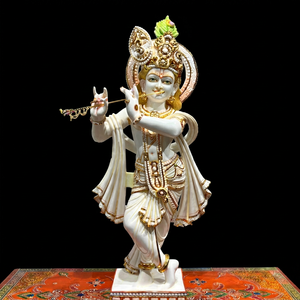 Estatua de Lord Krishna de Mármol Cultivado de 31 Pulgadas |   Ídolo de Krishna Blanco y Dorado Hecho a Mano para Templo en Casa, Decoración y Regalos - Product Image 1