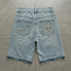 Hot Supplier Custom Luxury Rhinestone Denim Shorts Unisex Handmade Beaded Streetwear Vintage Acid Wash Shorts Wholesale TKAN834 - Product Image 2
