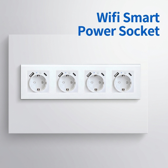 Four Gang German Schuko Smart Wall Socket Wifi Tuya Google Glass Panel 16A Power Outlet with USB-A & Type-C Charging Ports