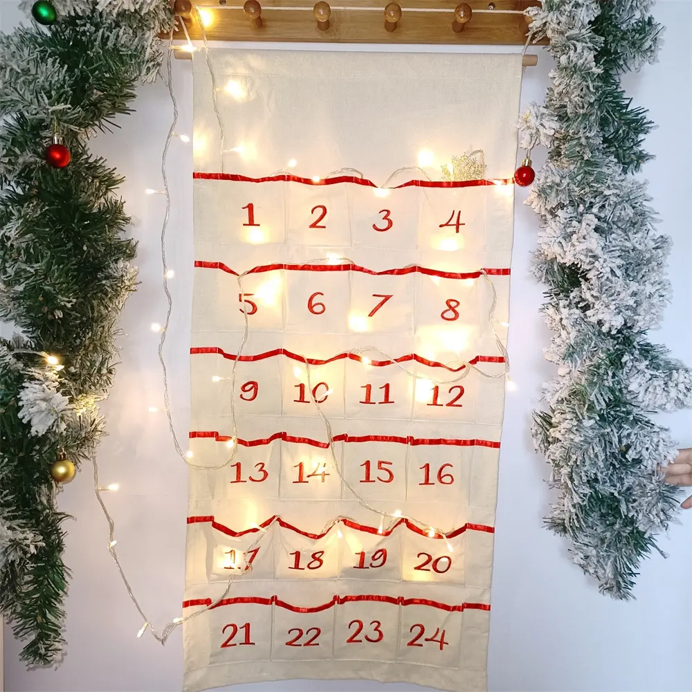 Высококачественный Рождественский календарь с обратным отсчётом и 24 карманами, подвесное украшение, календарь с вышитыми цифрами из хлопчатобумажной холщовой ткани