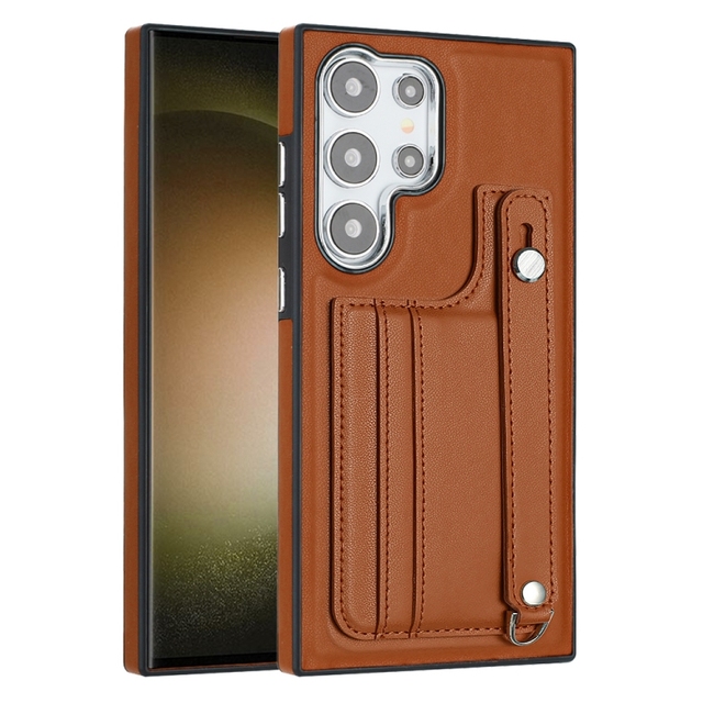 Wholesale for Samsung Galaxy S24 Ultra 5G Shockproof Leather Phone Case with Wrist Strap(Brown)