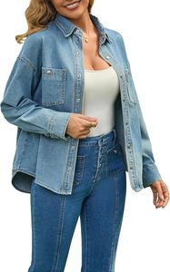 Chaqueta Camisera de Mezclilla para Mujer, Corte Holgado, con Botones, Estilo Utilitario, Hombros Caídos, Nylon/Algodón - Product Image 2