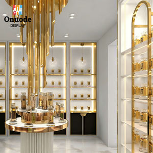 Premium Eco-Friendly Perfume <b>Display</b> <b>Cabinet</b> | Custom White & Gold LED <b>Wall</b> Showcase for Luxury Fragrance Stores (Recyclable) - Product Image 1