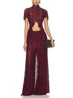 Robe longue femme en fibre de polyester, couleur unie, ajourée, taille haute, col rond, manches courtes, fente avant