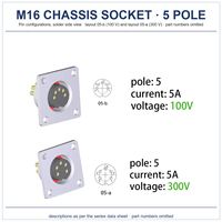Soket Steker Penerbangan M16 Tahan Air 5 Kutub IP68 Terminal Solder 5A 100V (05-b) Konektor Bundar Pemasangan Panel Flens 0308 05