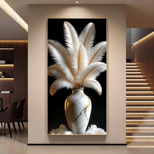 Vase Moderne Neutre en <span class=keywords><strong>Verre</strong></span> avec Plumes, Décoration Murale pour la Maison, Œuvre d'Art de Nature Morte, <span class=keywords><strong>Peinture</strong></span> en Porcelaine Incrustée de Diamants et de Cristaux - Product Image 5