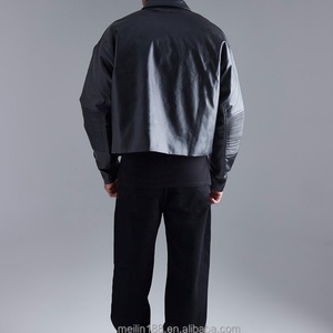 Veste en cuir PU noire de haute qualité pour homme, avec fermeture éclair sur les manches et poche oblique sur la poitrine, modèle court, collection 2023 - Product Image 3