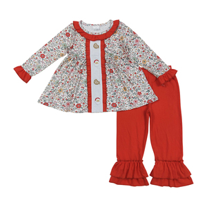 Bordado Navidad Santa galleta Floral manga larga pantalones rojos niñas trajes ropa de bebé Boutique venta al por mayor alta calidad caliente - Product Image 2