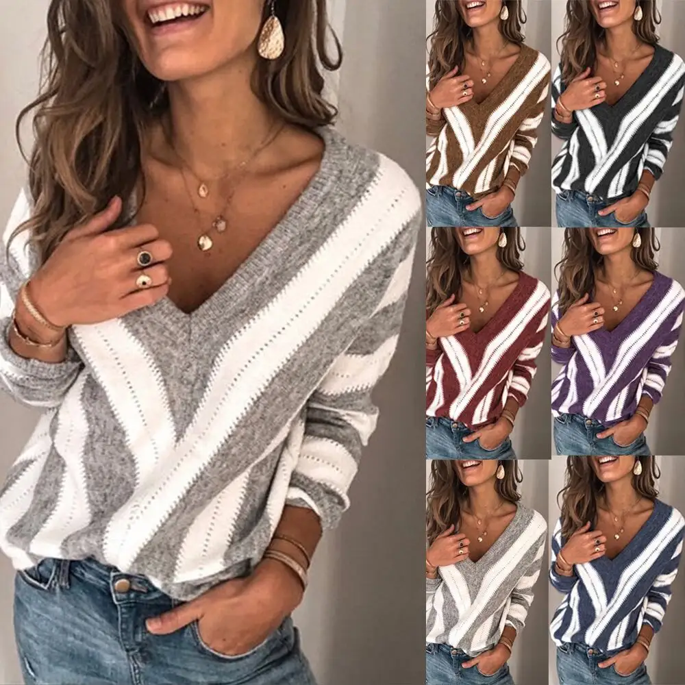 Pull tricoté à manches longues, pour femmes, haut ample, à col v, de style coréen et tendance