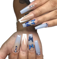 Faux ongles à presser en gros, couvrance totale, avec colle, motif papillon pré-dessiné, en acrylique forme cercueil pour doigts