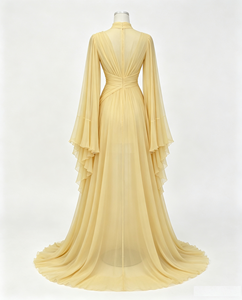 Pale <strong>Yellow</strong> High Neck Draped Long <strong>Dress</strong> <strong>Women</strong> Long Sleeve Formal Gown - Product Image 3