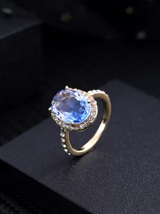 Perhiasan cincin laut elegan untuk wanita, cincin perhiasan model Eropa elegan klasik bundar berlian biru mewah hati laut untuk wanita
