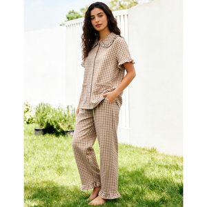 Gingham Pajama Set For Women 2 Piece Short Sleeve Button <b>Down</b> Cotton Sleepwear Plaid <b>Pants</b> With Ruffle Details Casual Lounge - Product Image 3