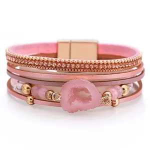 Fashion Boho Style Multi-Layer Leather Bracelets Crystal Stone Beads Accessories Magnetic Button Cuffs Bangle For Women Gift
