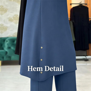 Completo Due Pezzi Estivo Elegante <span class=keywords><strong>Taglie</strong></span> <span class=keywords><strong>Forti</strong></span> Abaya <span class=keywords><strong>Tunica</strong></span> e Pantaloni con Collo, Maniche Lunghe, Bottoni in Legno e Cuciture Laterali Elastiche per Donne Musulmane - Product Image 3
