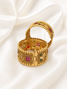 DIVYORO Elegant Detailed Antique Gold Hinged <b>Bangle</b> with Gemstone Accents and Enamel Work Handmade Ethnic Jewelry - Product Image 2
