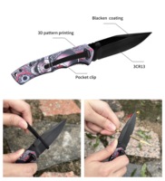 Couteau de poche tactique de survie en plein air, couteau pliant OEM personnalisé avec motif imprimé en 3D, lame en acier noir, vente en gros pour le camping et les activités de plein air