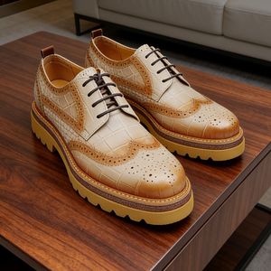 Chaussures de luxe originales pour hommes à bout pointu en cuir de vachette respirant, décontractées, à lacets, antidérapantes pour le printemps/été - Product Image 1