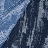 Jean en denim jacquard effet vieilli, aspect déchiré 3D, trame apparente, style vintage urbain, personnalisable OEM, faible MOQ