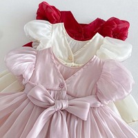 Robe barboteuse d'été en maille à manches bouffantes avec nœud pour bébés filles, tenue de princesse