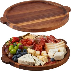 Charcuterie Boards Acacia Wood Serving <strong>Tray</strong> with Handles Round Decorative Ottoman <strong>Tray</strong> Large <strong>Wooden</strong> Cheese Board Serving Platter - Product Image 1