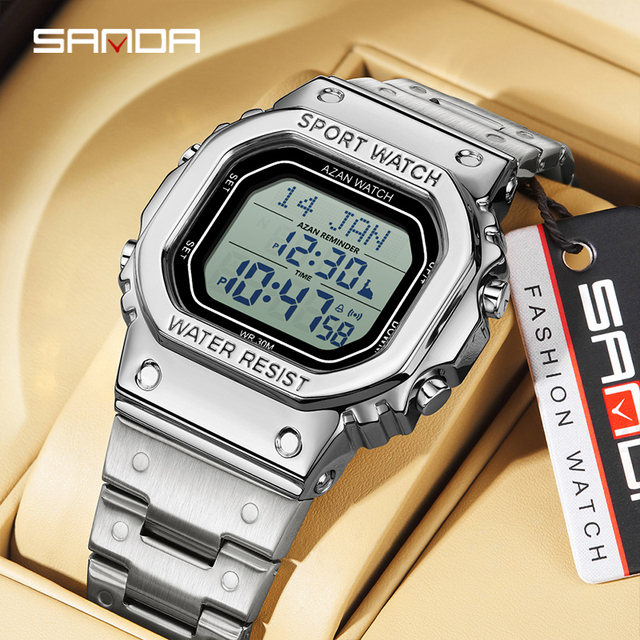 SANDA 2172 Azan Prayer Digital Watch Multifunction Steel Strap Waterproof Ideal for Daily Prayers Timepiece