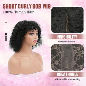 Perruque Courte Bob Bouclée Naturelle Noire avec Frange, Dentelle HD 4x1, Densité 210%, Cheveux Humains Remy 100%, Fermeture Sans Colle - Product Image 2