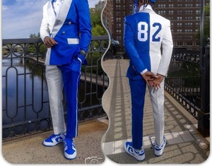Smoking sur mesure pour hommes, <span class=keywords><strong>blanc</strong></span> <span class=keywords><strong>et</strong></span> <span class=keywords><strong>bleu</strong></span>, haute qualité, coupe ajustée, double boutonnage, <span class=keywords><strong>costume</strong></span> de <span class=keywords><strong>mariage</strong></span> en tissu jacquard, grande taille, respirant - Product Image 2