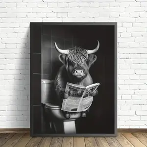 Cute and Funny Poster Cow on a Toilet Canvas Painting Prints Black and White Wall Art Home Bathroom Decor