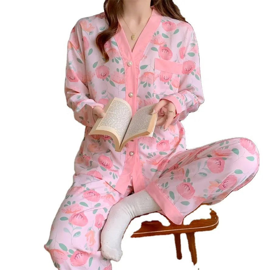 2024 Winter Herfst Schattige Pyjama Vrouw Nachtkleding Lange Mouw Tops Broek 2 Delige Set Pyjama Lente Zelfgemaakte Voor Vrouwen Nachtkleding