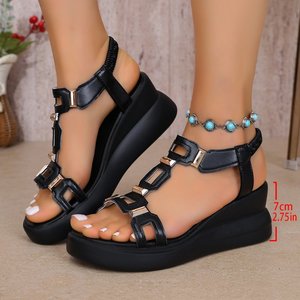 Sandali <span class=keywords><strong>con</strong></span> <span class=keywords><strong>Zeppa</strong></span> e Plateau da Donna, Cinturino Elastico alla Caviglia, Punta Aperta, <span class=keywords><strong>Scarpe</strong></span> Estive <span class=keywords><strong>Sportive</strong></span> Casual Bianche Nere Oro <span class=keywords><strong>con</strong></span> Barra a T in Metallo OEM - Product Image 3