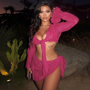 New Bikini Cover up Women 2023 Swim <strong>Wear</strong> New Sexy <strong>Long</strong> <strong>Sleeve</strong> Lace Dress Two Piece Set Solid Spandex Summer <strong>Beach</strong> for - Product Image 1