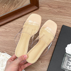 2025 Summer Women's Shoes: Transparent Crystal Heel Square Toe Chunky Heel Strappy High-Heeled <b>Sandals</b> - Product Image 1