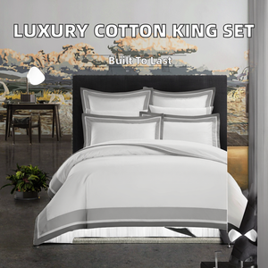 Parure de lit de luxe en coton blanc 300 fils/cm² brodé avec bordure grise – Literie hôtelière haut de gamme pour l'hôtellerie, vente en gros et export - Product Image 2