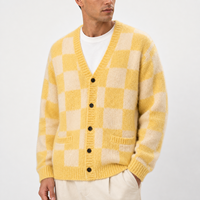 Cardigan en tricot à col en V jaune à carreaux rétro pour homme, manches longues, logo personnalisé OEM ODM