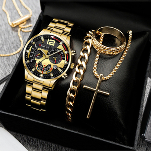 New Fashion Human Translation Men's Steel Band Watch Business Calendar Watch with Popular Bracelet Set for Men's Gift Set