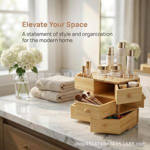 Wooden storage box with rotating <b>drawers</b>, multi-functional desktop cosmetic and jewelry storage box. - Product Image 2