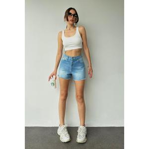 Shorts de Mezclilla Azules Simples para Mujer, Cintura Alta, Pierna Recta, 100% Algodón, Transpirables, Casuales de Verano - Product Image 3